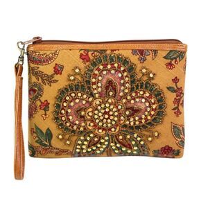 Isabella Fiore BEADED MULTICOLOR CANVAS FLORAL ZIP CLUTCH HANDBAG WRISTLET PURSE